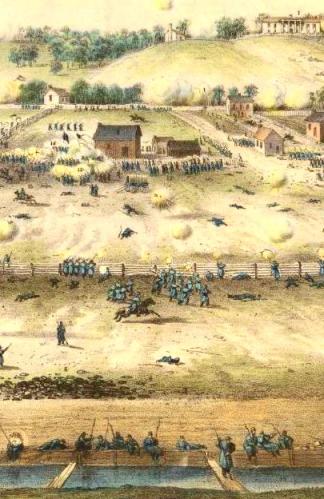 Working from John Keyser’s eyewitness, black-and-white sketch, a Philadelphia lithographer produced a vivid, color depiction of Stratton’s Wheelwright Shop complex—its principal building shown with dark roof at upper center in this detail from “Charge of Kimball’s Brigade in the Battle of Fredericksburg.”  Yet a comparison with the sketch and other contemporary pictures, below, reveals artistic license and distortions in the color version.  (Note Brompton at upper right and the millrace at bottom for orientation.)  Courtesy Anne S. K. Brown Military Collection, Brown University.