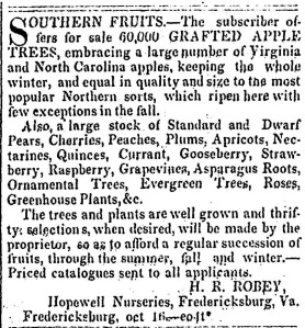 An 1855 advertisement for the Hopewell Nursery - Alexandria Gazette