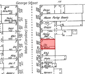 A section from the 1896 Sanborn Fire Insurnace map for Fredericksburg, Va. Note the reference to relics housed next to Jacobs's clothing store.