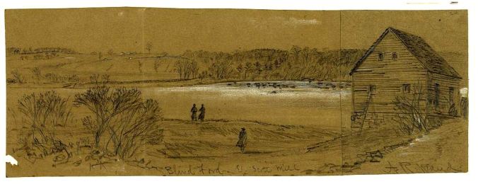 The Library of Congress dates this rarely seen sketch of Banks Ford to the days immediately after Chancellorsville, and about a month before the ford was spotlighted in Hooker’s Third Fredericksburg planning. View is from Union side of the river; slanting depression at center is likely the road that accessed the lowermost of the two prewar Banks’ Ford crossings. Building at right is perhaps a ferryman’s house or a structure associated with William S. Scott’s sawmill, which cut timber here. (This particular crossing hosted a Federal pontoon bridge on May 3-5, 1863, during Chancellorsville; a second pontoon bridge spanned the river about 300 yards downstream from this building—to the left in the picture—on May 4-5, at a location that had not served as a crossing point before the war.) Alfred Waud sketch Courtesy Library of Congress.