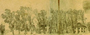 Detail from Waud’s sketch, with the ruins of Mannsfield’s fire-gutted, central section partially visible through the trees at center, and the mansion’s relatively intact, smaller north-wing appearing clearly at right. The trees’ leaf-out shows that the “1862” date penciled on Waud’s drawing (possibly in a different hand from that part of the inscription identifying the battery as “Willistons”) is erroneous, since the only sojourn of Battery D in 1862 had occurred in December.