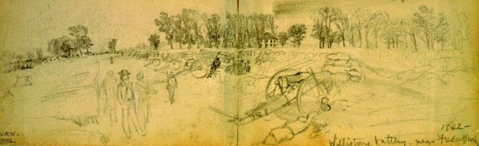 The protracted occupation and safety of the Franklin’s Crossing bridgehead in June 1863, relative to its previous Union occupations, encouraged detailed artistic and written description by Northerners. Alfred Waud made this panoramic sketch of a fortification protecting Battery D (Williston’s Battery), 2nd U.S. Artillery inside the bridgehead sometime June 8-13. Waud’s sketch, likely appearing here for the first time with full identification, looks southwest with the river and bridges just outside the view to the left and left-rear. Courtesy Library of Congress.