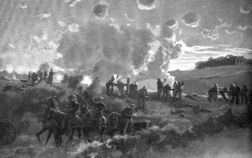 A c. 1907 depiction, now rarely seen, of supporting operations for the final Union assault at Fredericksburg, December 13, 1862.  Battery E, Massachusetts Light Artillery (Phillips’) fires just before or during the evening attack of Getty’s Division—Getty’s infantry evidently hidden by the rise in middleground. The general terrain around the battery appears here with reasonable accuracy, although what’s presumably the Marye House, upper right, has been artistically shifted southward along the heights, and sports what is actually its postwar portico. From: Walter F. Beyer and Oscar F. Keydel, eds., Deeds of Valor 1: 108.