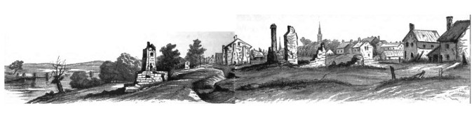 John Adams Elder sketched his hometown of Fredericksburg sometime after the December 1862 battle, or shortly after war’s end.  This 1880’s woodcut adapted some of the Civil War-era Elder drawings as a panorama looking south along Sophia Street in the vicinity of the Upper Crossing of the Rappahannock, giving a sense of the landscape that would have surrounded Sherman and his men if they crossed on a pontoon bridge here on May 16-17, 1865.  From:  Moncure Daniel Conway, “Fredericksburg First and Last II,” Magazine of American History 17 (June 1887): 465-466.