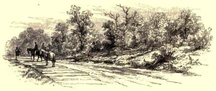 A Benson Lossing sketch of June 1866 was the basis for this woodcut of Union earthworks intersecting the Orange Plank Road/Orange Turnpike west of Fairview on the Chancellorsville battlefield.  Source: Lossing, Pictorial History of the Civil War in the United States of America 3: 32.