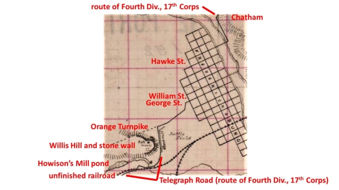 From: Route of the 17th Army Corps from Raleigh to Washington, May 1865. Jason B. Alexander, engineer. William Kossak, Captain. Sheet 33. National Archives, Record Group 77. Annotation and detail-selection by Noel G. Harrison. North at top.
