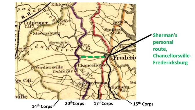 The general march-routes of Sherman’s four corps through the Fredericksburg area. North at top. Broken, green line is my notation of Sherman’s personal route from Chancellorsville to Fredericksburg on May 15. Detail from: Military Map Showing the Marches of the United States Forces Under Command of Maj. Gen'l W.T. Sherman…drawn by Capt. William Kossak and John B. Muller. Courtesy Library of Congress.