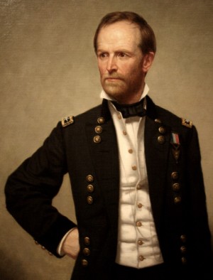 Detail of portrait of Sherman painted the year after his battlefields tour in the Fredericksburg area, an experience bracketed by his writings recognizing a real, current peace and fearing a reconfigured, future sectional conflict.  Image of George Peter Alexander Healy portrait from: Wikimedia Commons/National Gallery of Art.