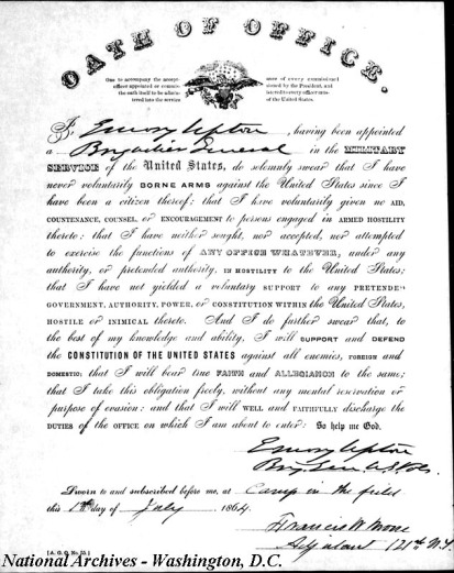 Upton's Oath of Office for the rank of brigadier general. Signed July 1, 1864, 